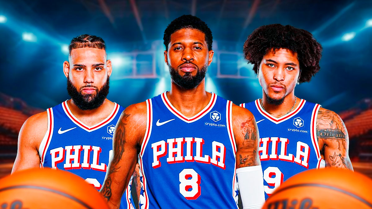 76ers' Caleb Martin, Paul George and Kelly Oubre Jr.