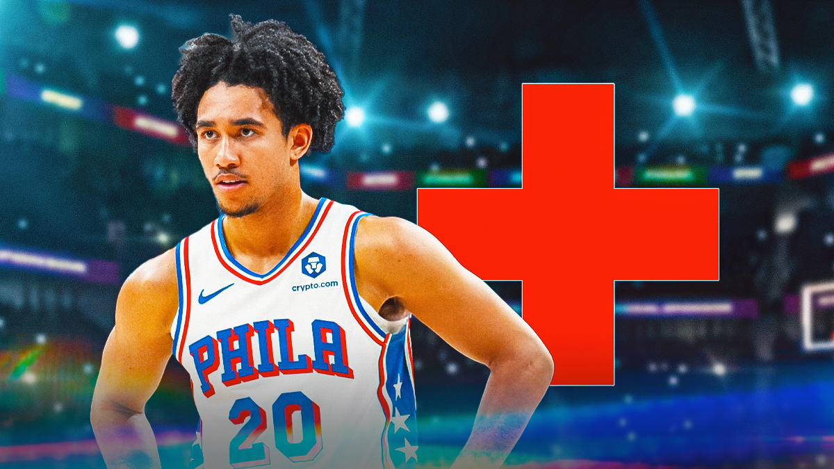 76ers' Jared McCain next to the medical sign