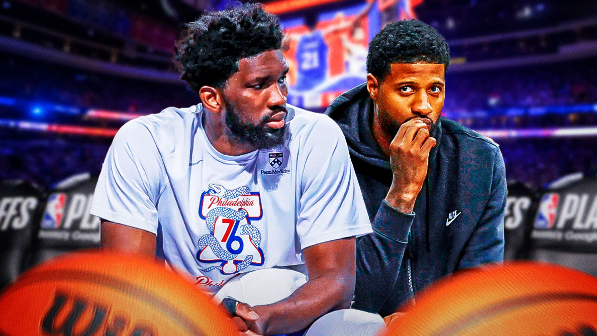 76ers' Joel Embiid and Paul George in street clothes