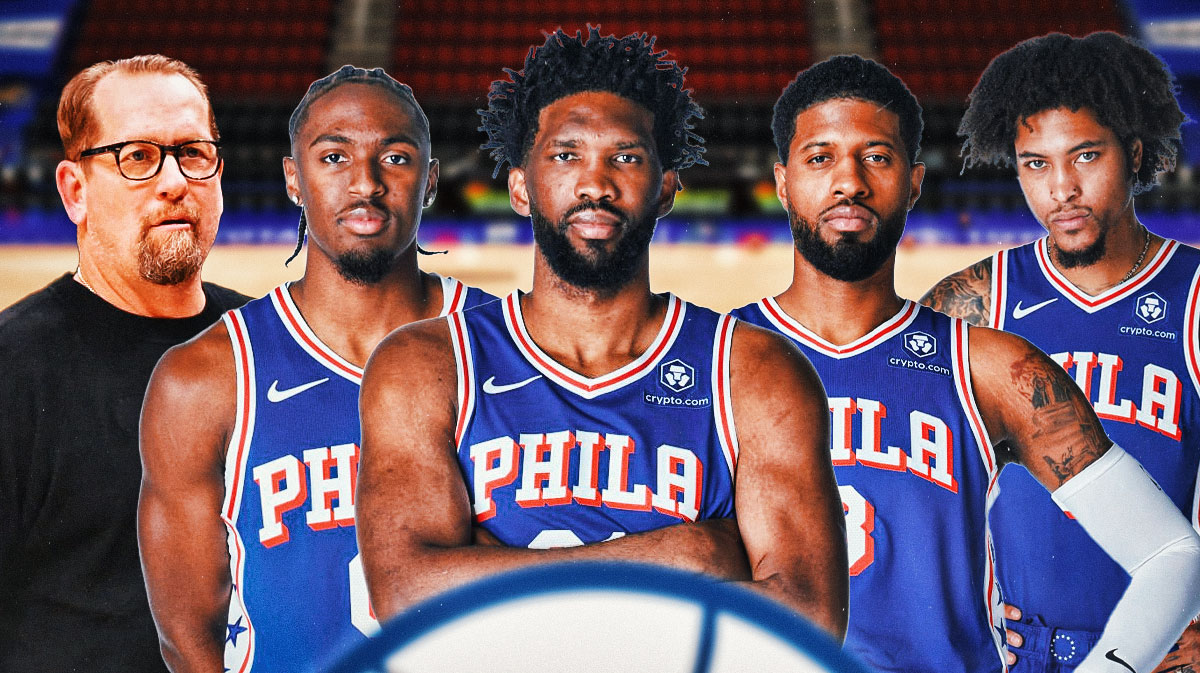 76ers' Nick Nurse, Tyrese Maxey, Joel Embiid, Paul George and Kelly Oubre Jr.