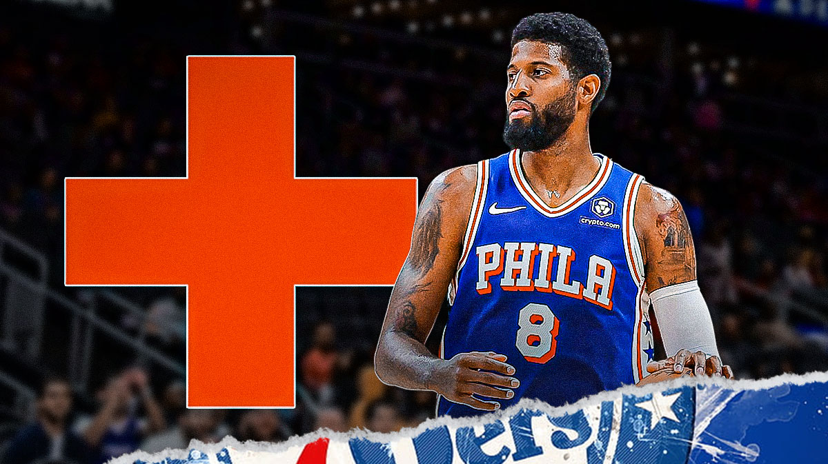 76ers' Paul George next to a healthcare sign