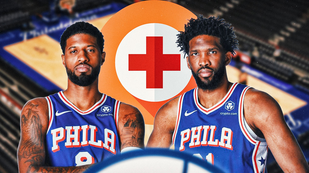 76ers' Paul George and Joel Embiid with the healthcare sign behind them
