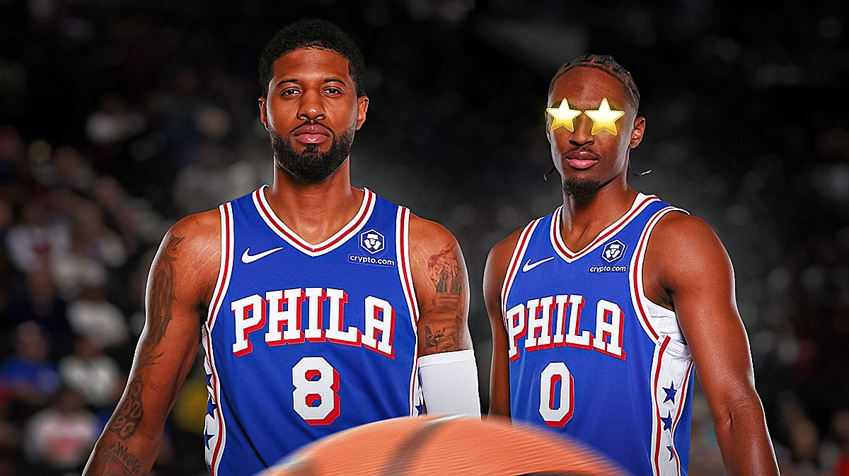 76ers' Paul George and Tyrese Maxey with stars covering his eyes