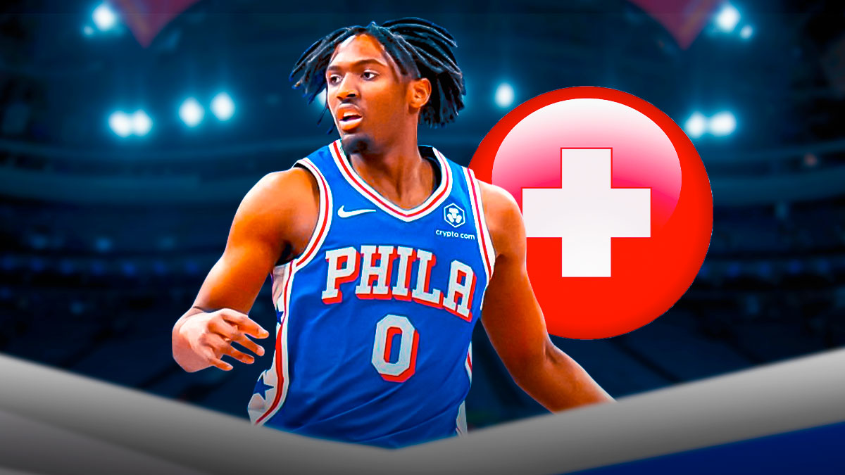 76ers' Tyrese Maxey next to the healthcare symbol