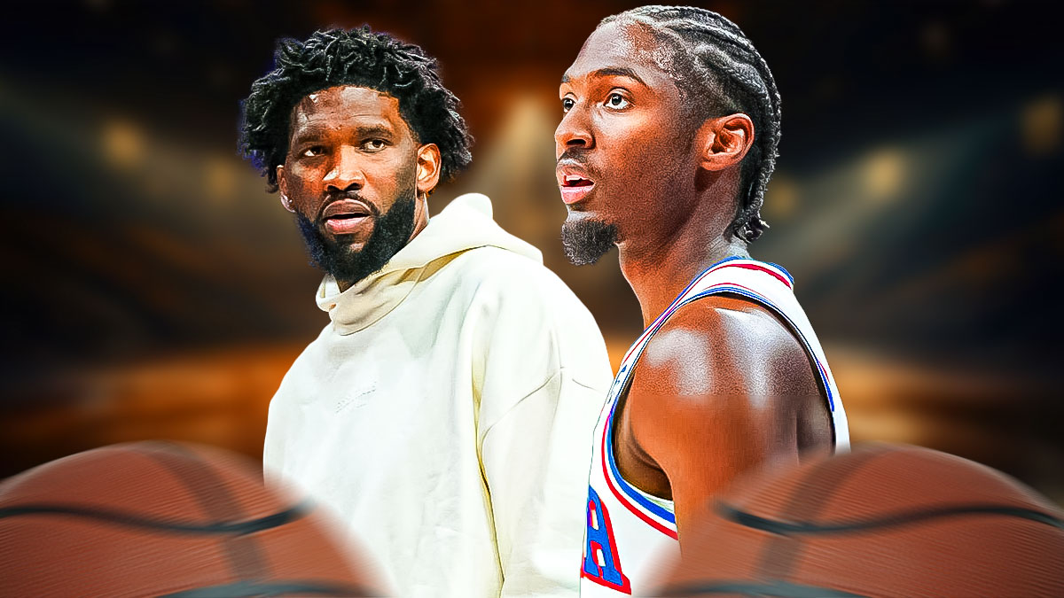 76ers' Tyrese Maxey and Joel Embiid in street clothes
