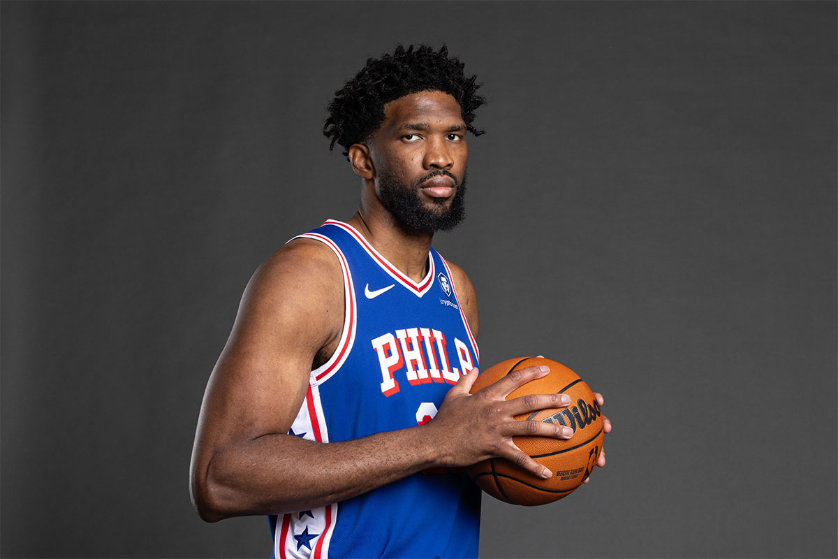 76ers center Joel Embiid (21) poses for a photo on media day at the Philadelphia 76ers Training Complex