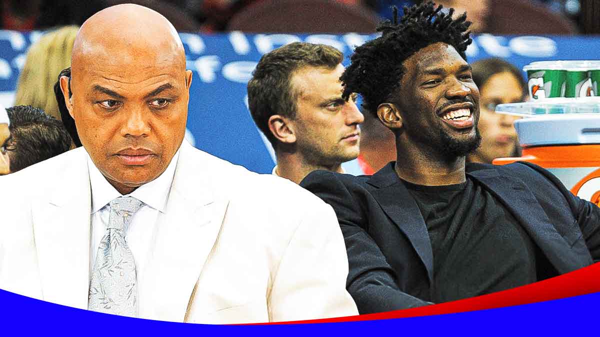 Charles Barkley and 76ers center Joel Embiid in street clothes