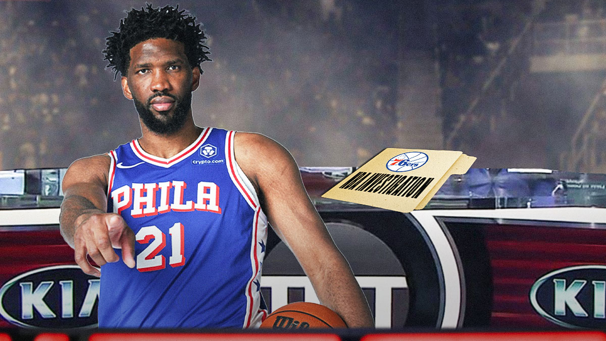 Joel Embiid, The NBA on TNT desk, a folder that says "NBA Investigation", and the 76ers logo.