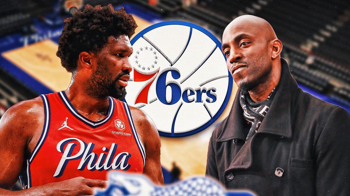 Kevin Garnett looking mad next to Sixers center Joel Embiid & the 76ers logo