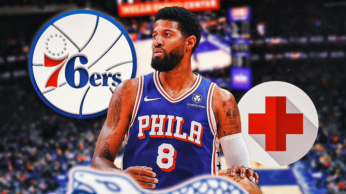 76ers All-Star Paul George next to the health sign & the Sixers logo with the Wells Fargo Center in the background