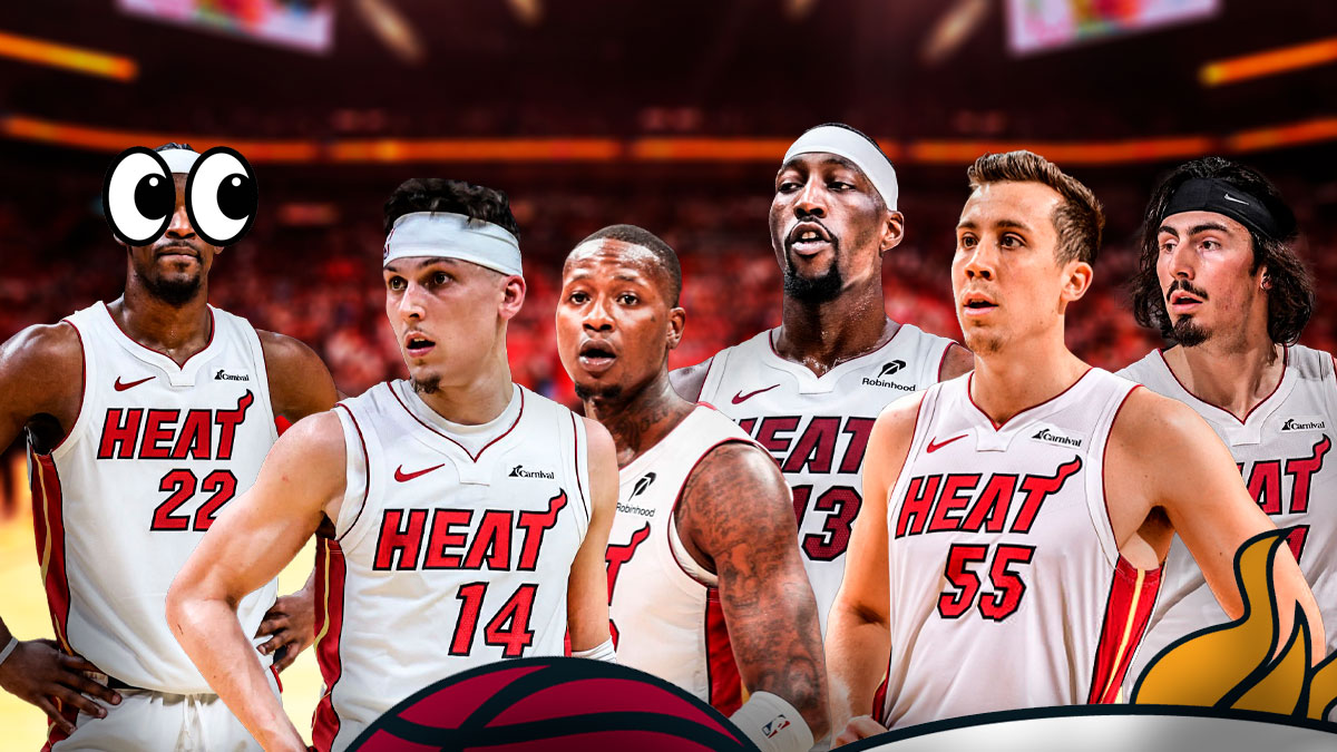 Heat players Jimmy Butler, Tyler Herro, Terry Rozier, Bam Adebayo, Duncan Robinson, Jaime Jaquez Jr.