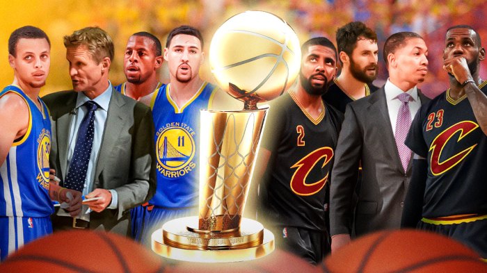 Steve Kerr coaching for the Warriors and Tyronn Lue coaching for the Cavaliers.
