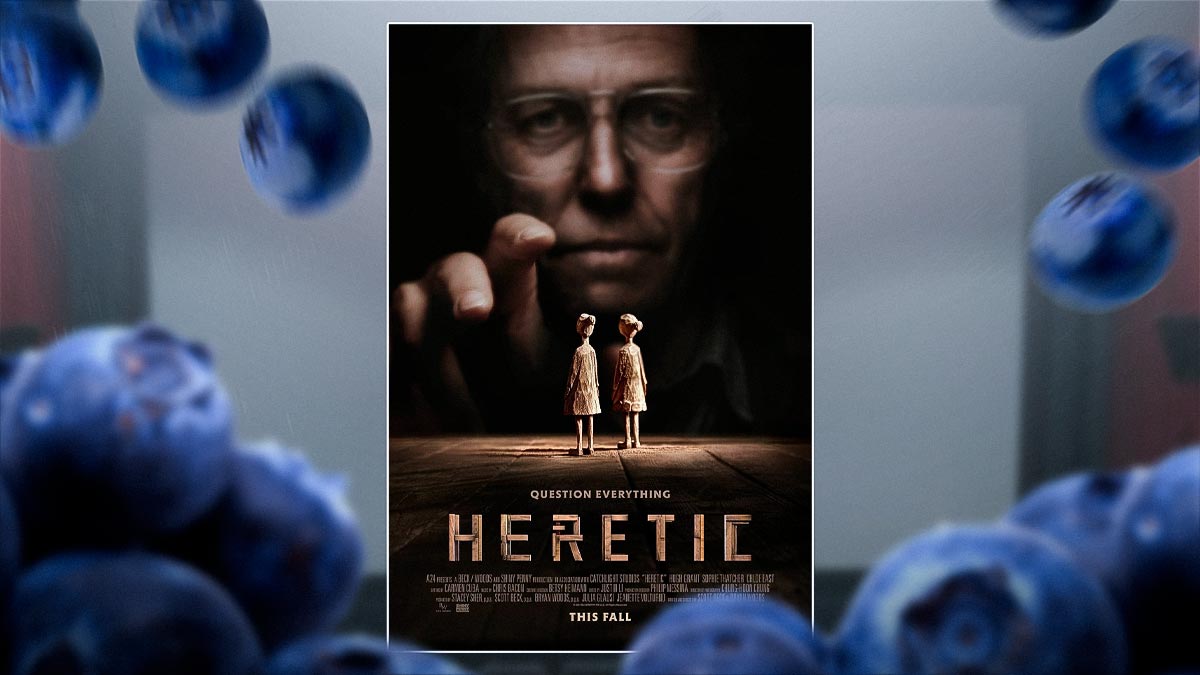 Poster of A24 movie Heretic, starring Hugh Grant, on movie theater screen with blueberry to match the multi-sensory screenings.