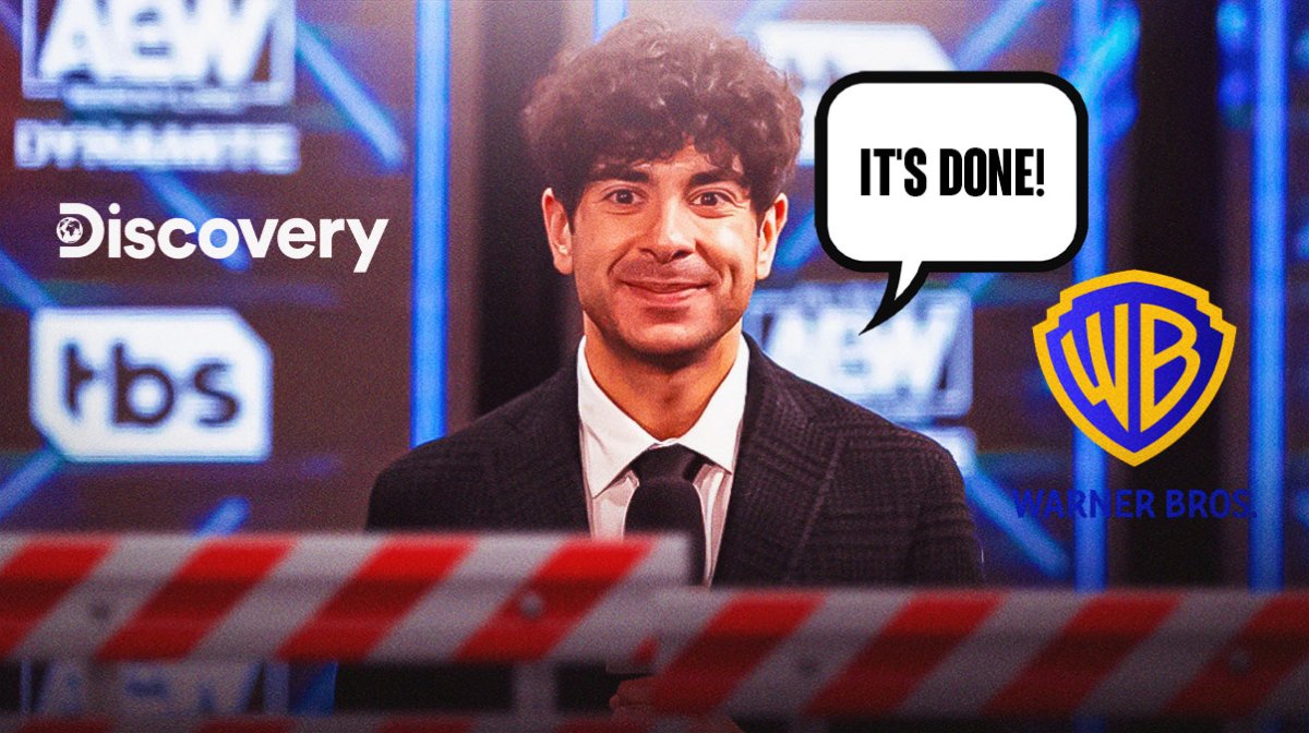 Tony Khan with a text bubble reading "It's done!" next to the Warners Brothers Discovery logo