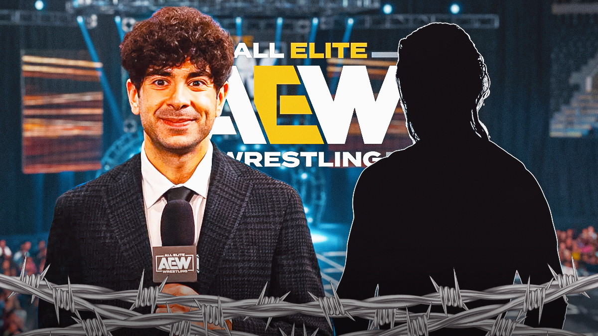 Tony Khan next to the blacked-out silhouette of Adam Cole with the AEW logo as the background.