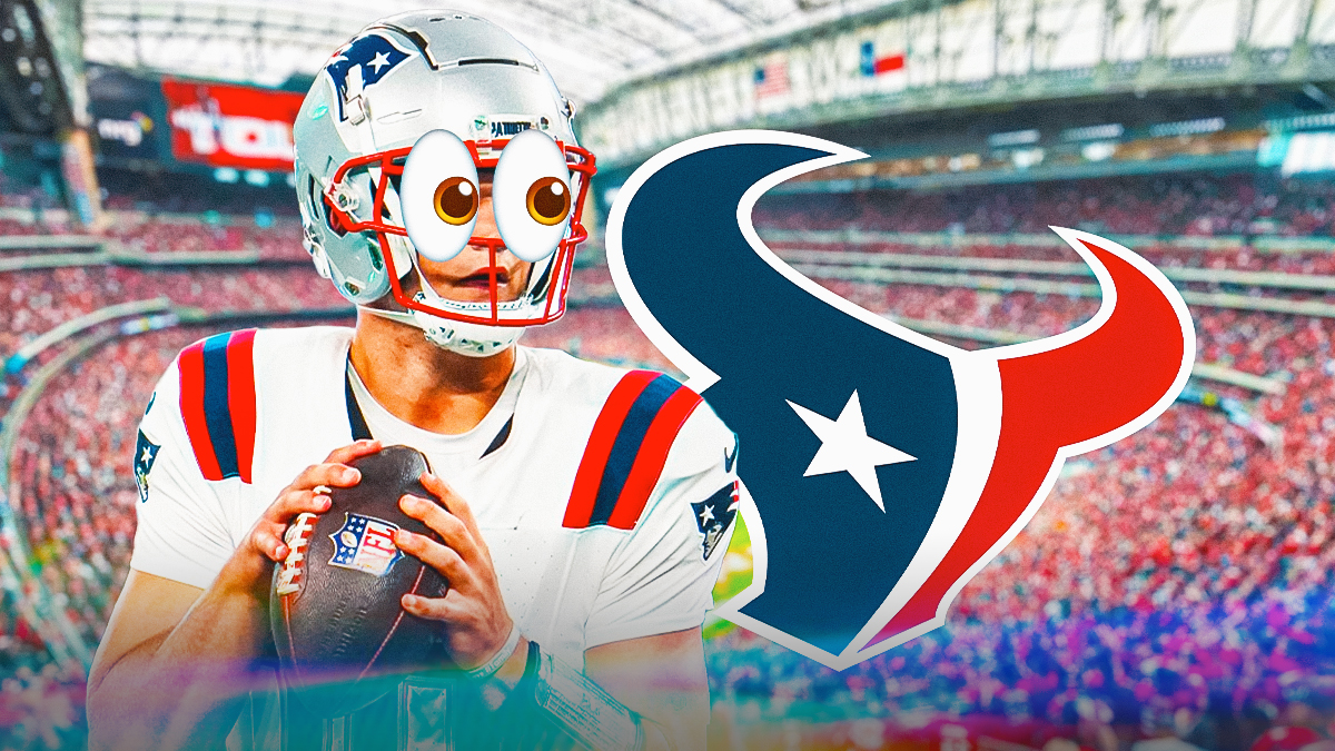 Drake Maye looks at Texans logo with bulging eyes
