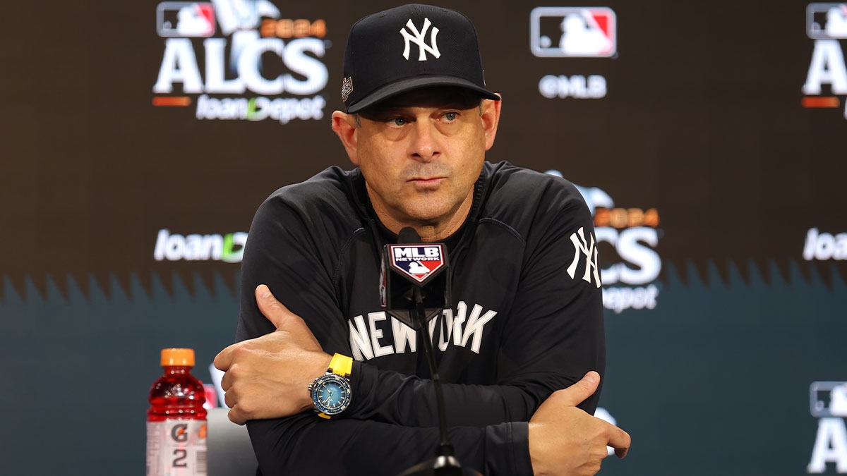 New York Yankees manager Aaron Boone (17) speaks to the media before game one of the ALCS against the Cleveland Guardians during the 2024 MLB Playoffs at Yankee Stadium.