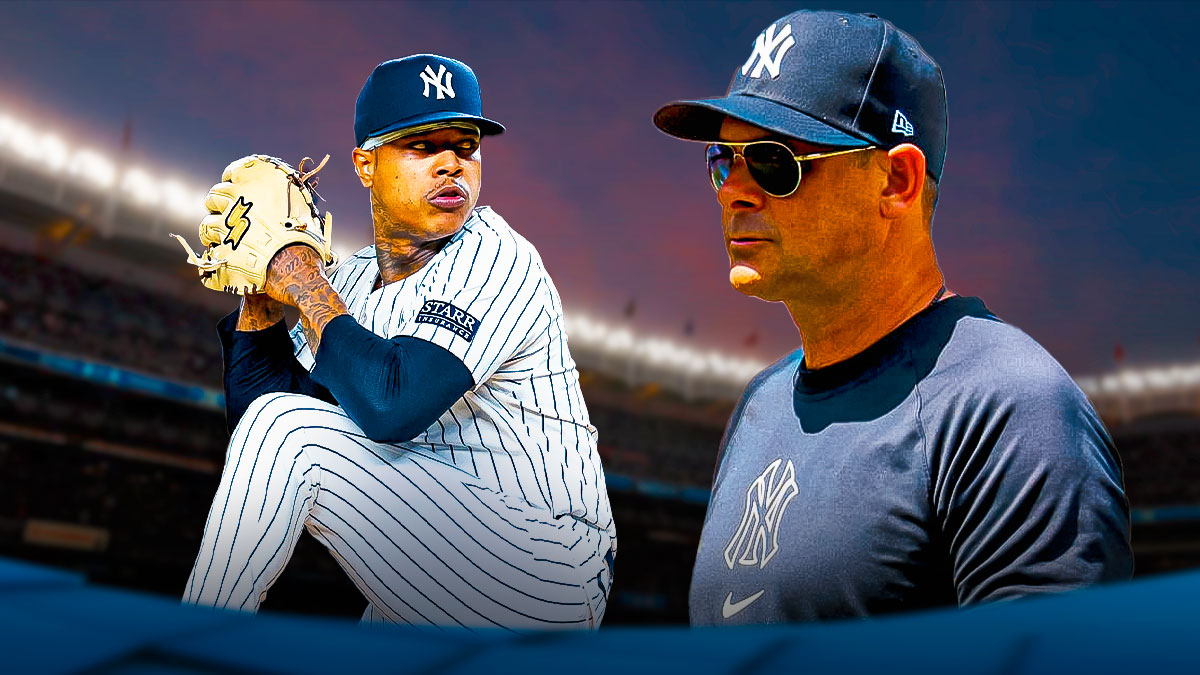 Yankees Marcus Stroman pitching a baseball on left. Yankees Aaron Boone looking serious on right. Yankee Stadium background.