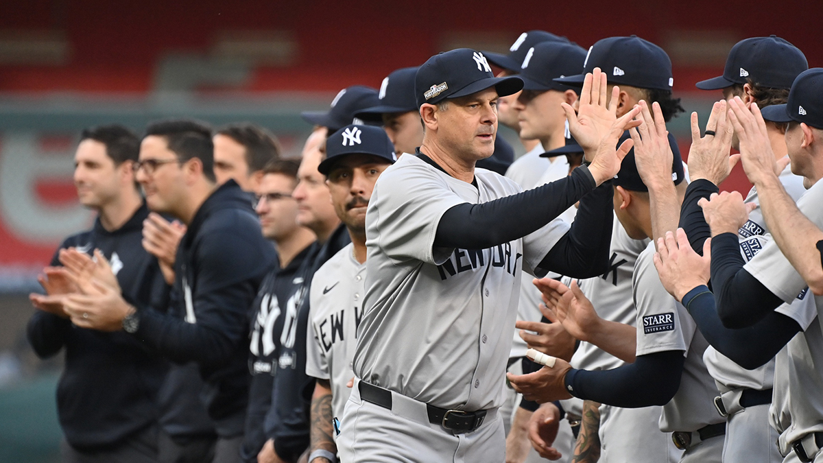 New York Yankees manager Aaron Boone (17) during introductions of the game against the Kansas City Royals during game three of the ALDS for the 2024 MLB Playoffs at Kauffman Stadium. 