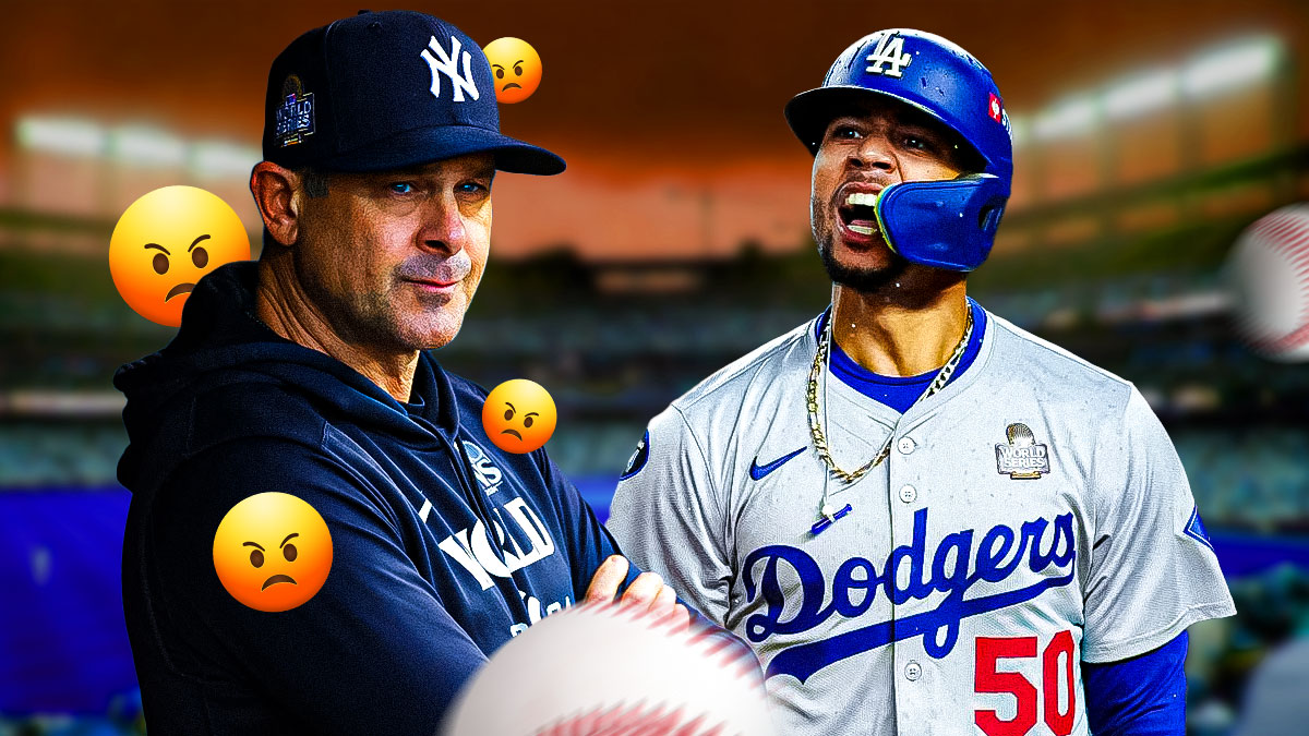 Aaron Boone with angry emojis by him. Mookie Betts