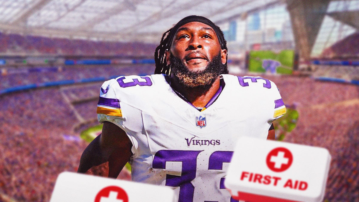 Aaron Jones in a Minnesota Vikings uniform with a red and white first aid symbol as Jones is injured heading into Week 7 against the lions.