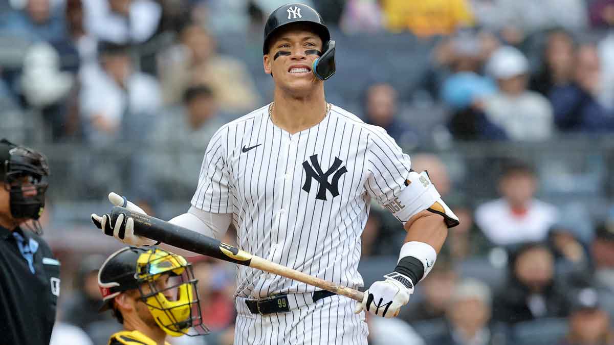 New York Yankees center fielder Aaron Judge (99) reacts after striking out during the fourth inning against the Pittsburgh Pirates at Yankee Stadium.