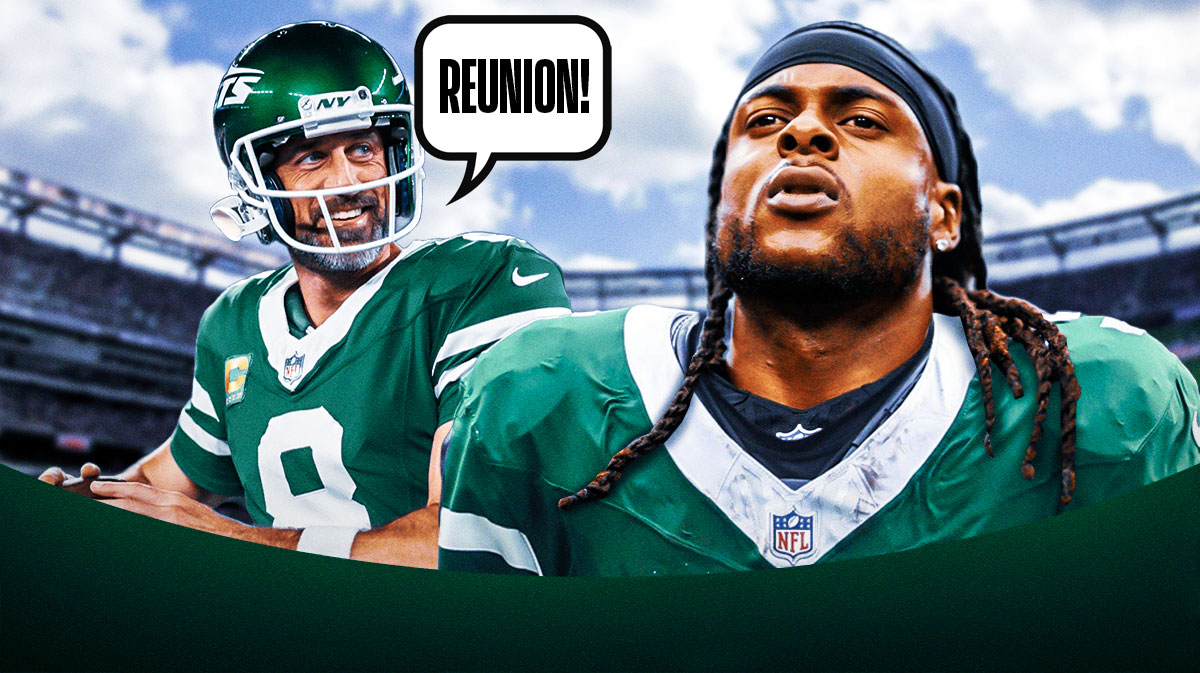 Aaron Rodgers smiling at Davante Adams, both in Jets jerseys, Rodgers saying "Reunion!"