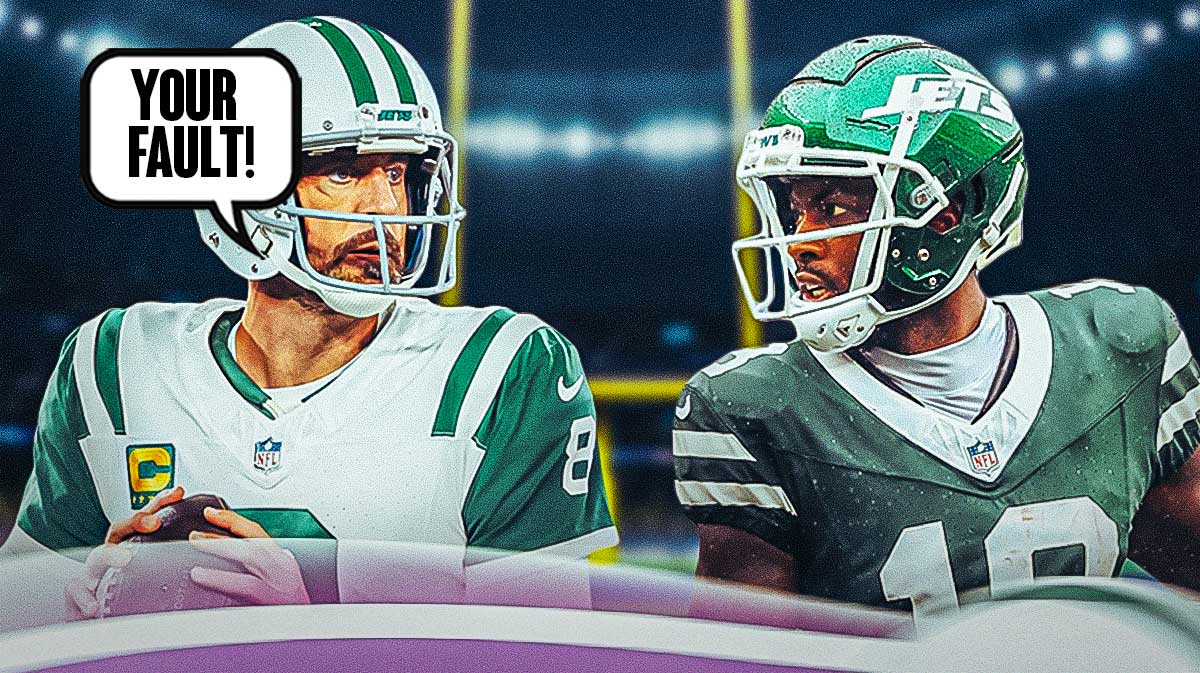 Jets' Aaron Rodgers with a talk bubble that says "YOUR FAULT!" directed at Jets' Mike Williams