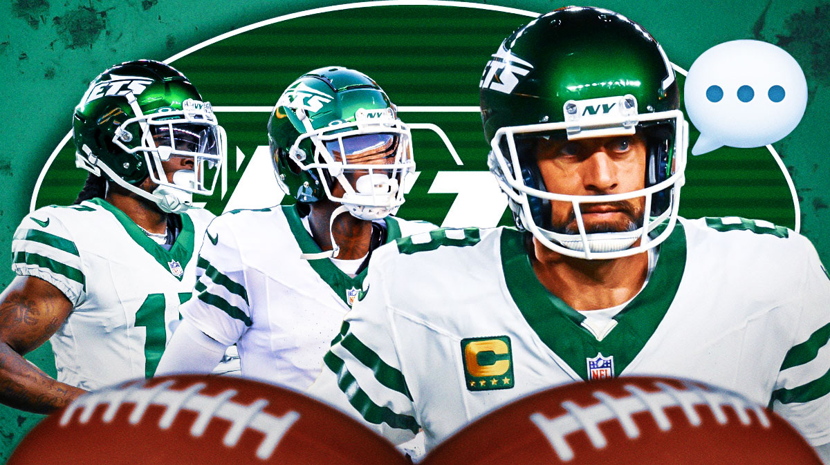 New York Jets QB Aaron Rodgers with a speech bubble that has the three dots emoji inside. He is next to CB Sauce Gardner and WR Davante Adams. There is also a logo for the New York Jets.