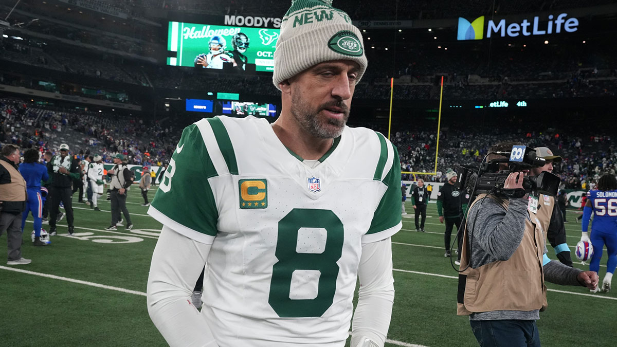 Aaron Rodgers of the Jets leaves the field at the end of the game. The Buffalo Bills came to MetLife Stadium to play the NY Jets.