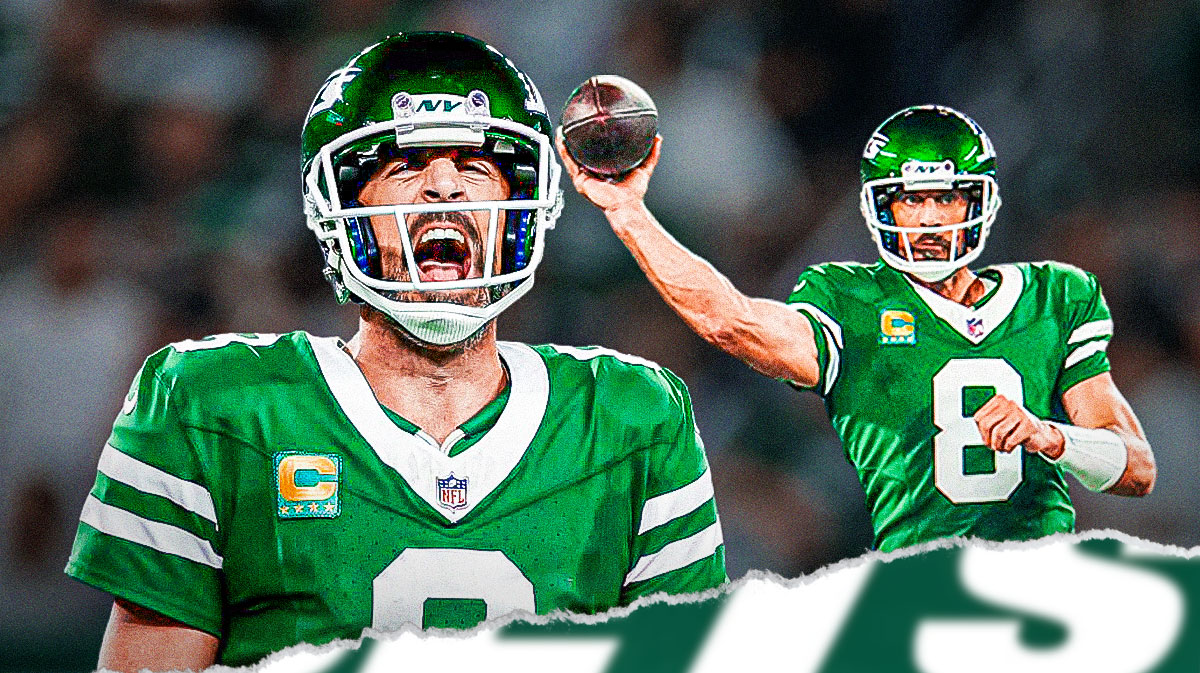 Jets QB Aaron Rodgers looking excited.