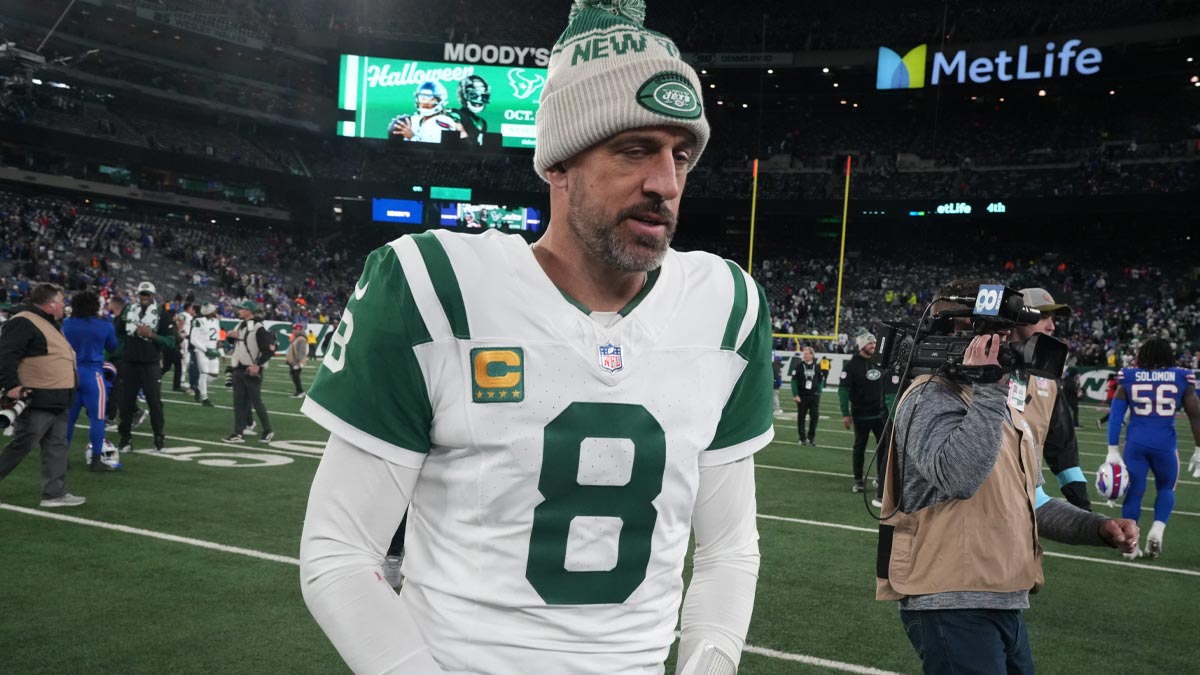 East Rutherford, NJ -- October 14, 2024 -- Aaron Rodgers of the Jets leaves the field at the end of the game. The Buffalo Bills came to MetLife Stadium to play the NY Jets. The Jets played their first game under new interim head coach Jeff Ulbrich.