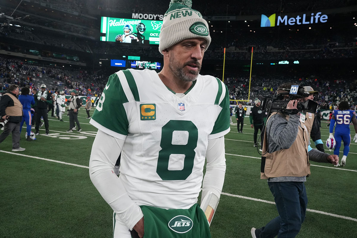 Aaron Rodgers of the Jets leaves the field at the end of the game. The Buffalo Bills came to MetLife Stadium to play the NY Jets. The Jets played their first game under new interim head coach Jeff Ulbrich.