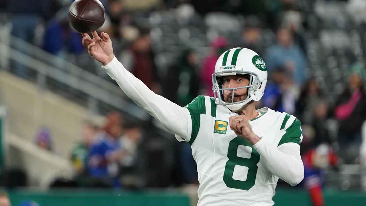 Oct 14, 2024; East Rutherford, New Jersey, USA; New York Jets quarterback Aaron Rodgers (8) warms up before the game against the Buffalo Bills at MetLife Stadium.