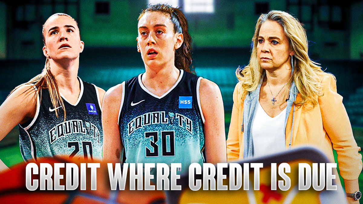 Aces' Becky Hammon looking at Liberty's Breanna Stewart and Sabrina Ionescu, with caption below: CREDIT WHERE CREDIT IS DUE
