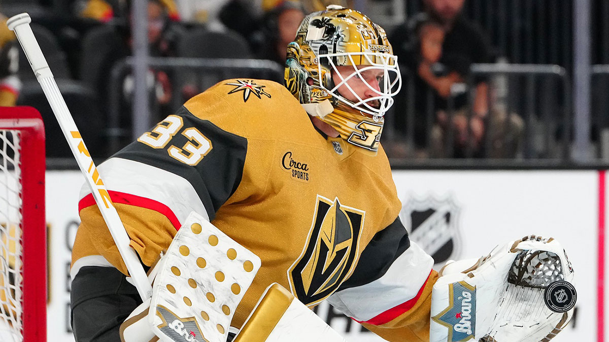Vegas Golden Knights goaltender Adin Hill (33) warms up before a game against the St. Louis Blues at T-Mobile Arena