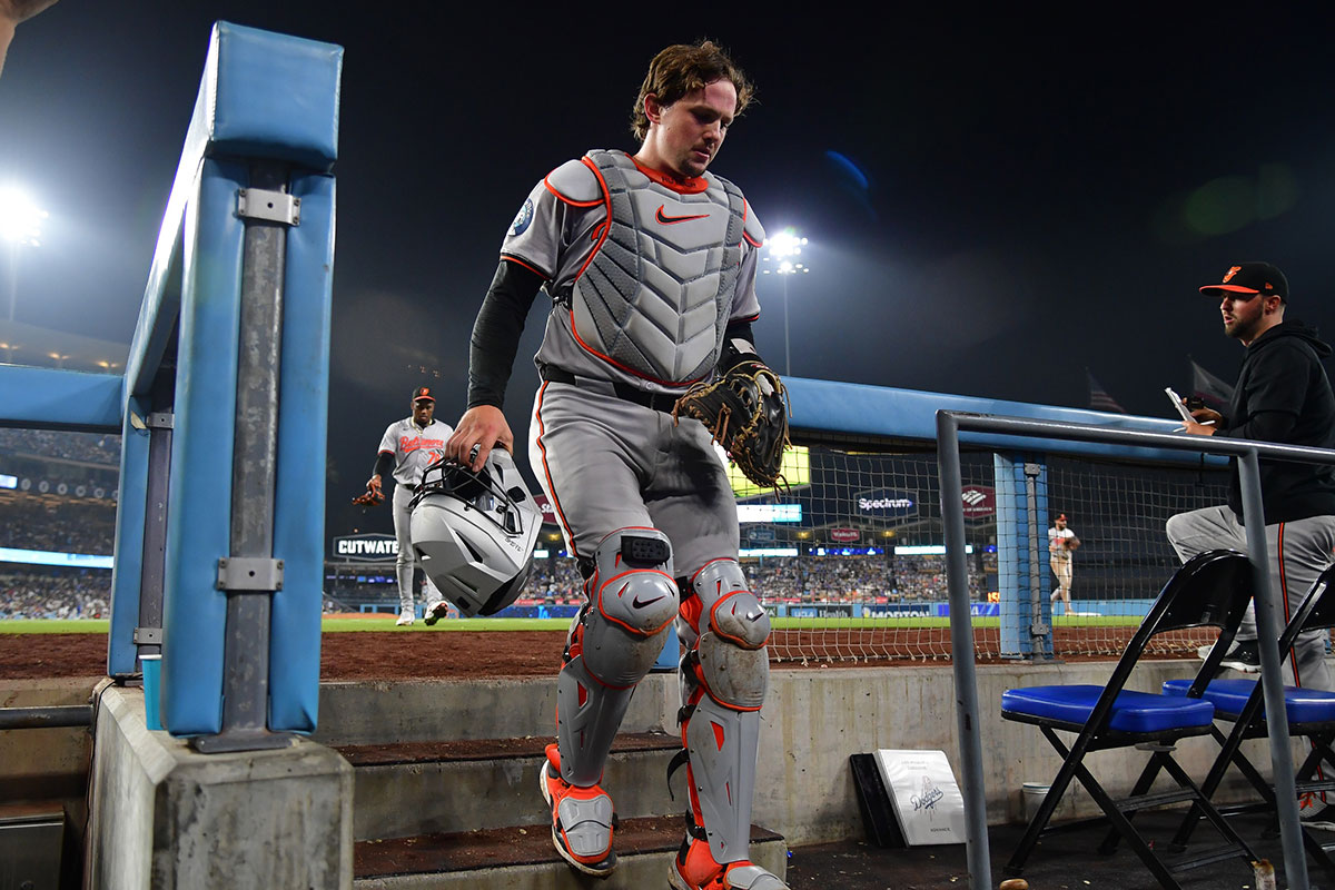 Baltimore Orioles catcher Adley Rutschman (35) returns following the seventh inning against the Los Angeles Dodgers at Dodger Stadium.