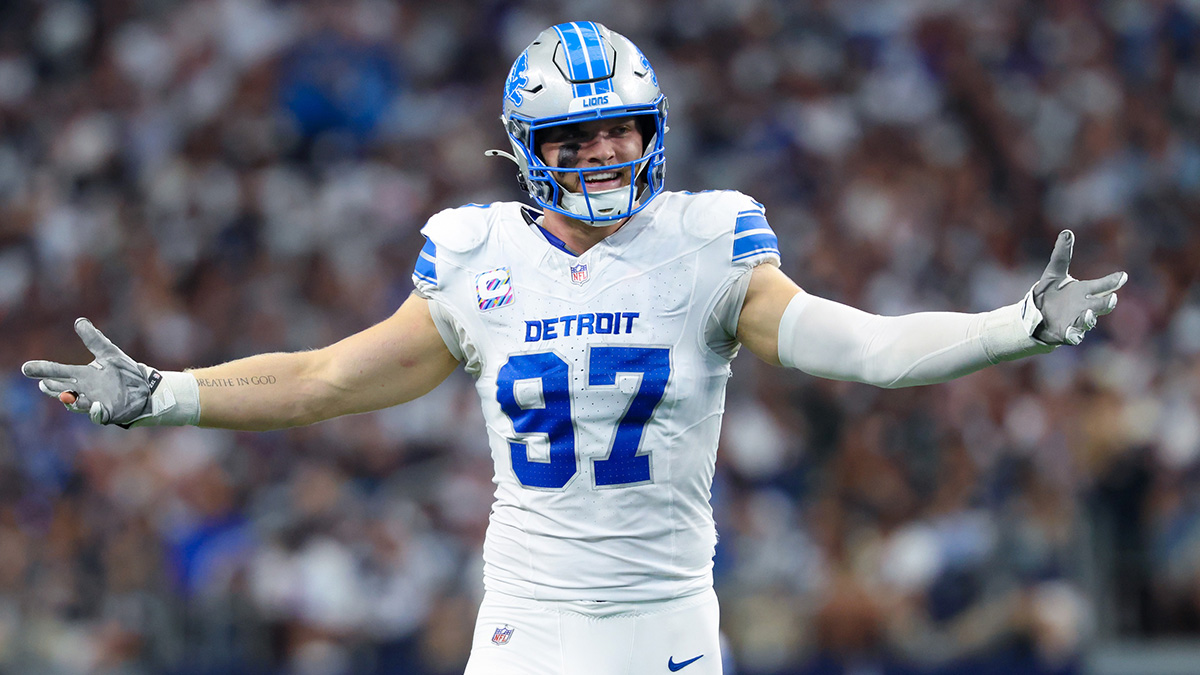 Detroit Lions defensive end Aidan Hutchinson (97) reacts during the second quarter against the Dallas Cowboys at AT&T Stadium.