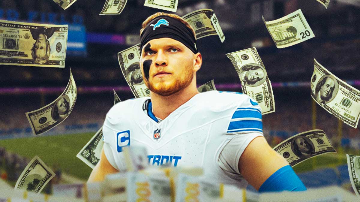 Aidan Hutchinson with money raining down around him featuring a Lions-themed BG.