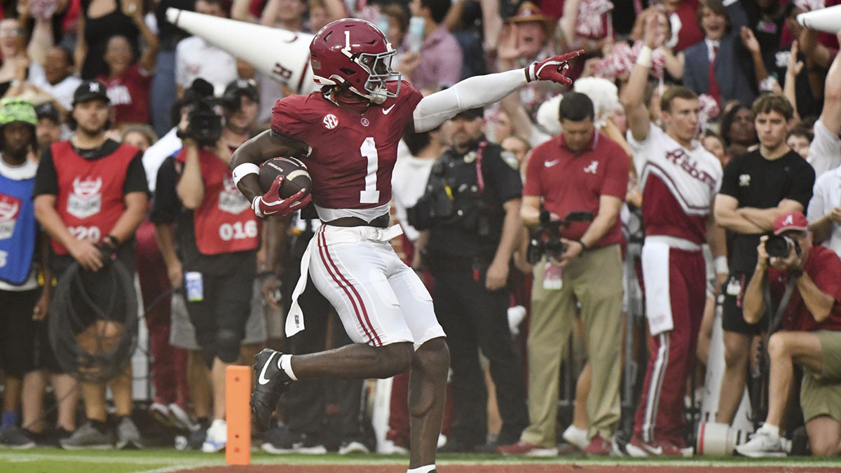 Alabama Crimson Tide wide receiver Kendrick Law (1) celebrates after scoring a touchdown against the Western Kentucky Hilltoppers during the first half at Bryant-Denny Stadium.