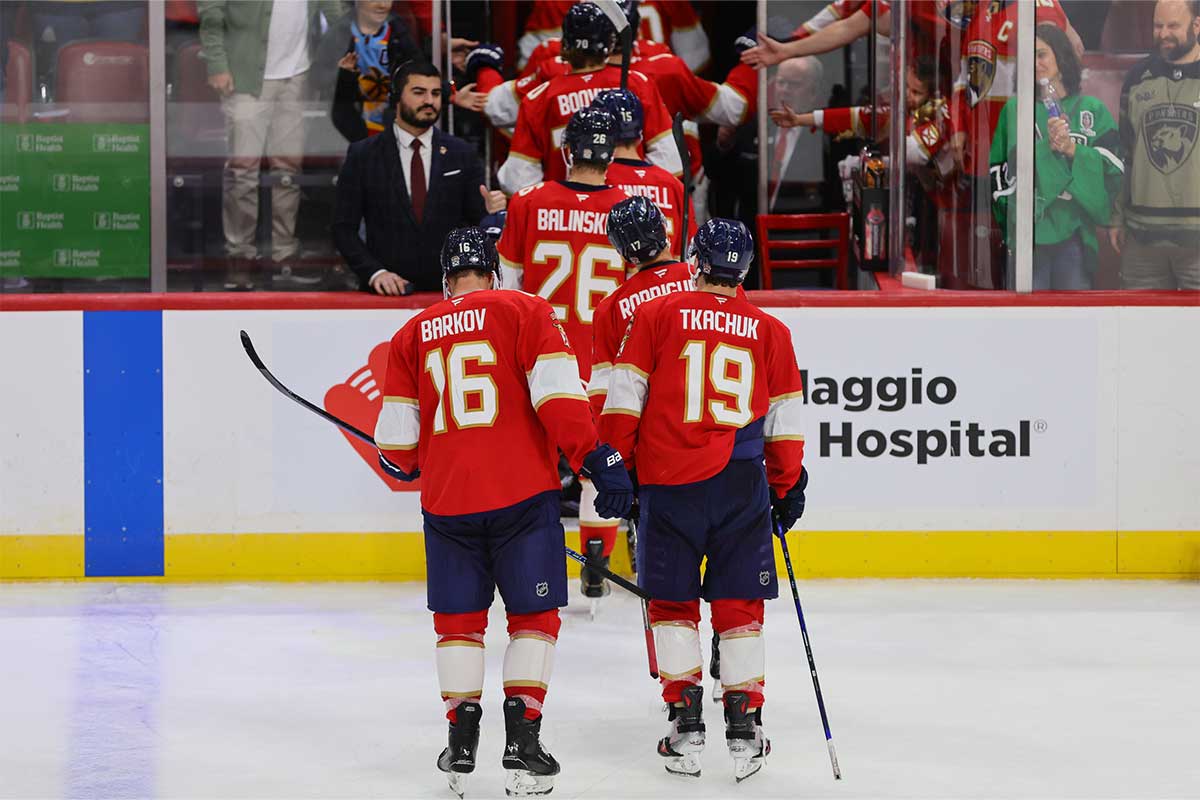 Florida Panthers center Aleksander Barkov (16) and left wing Matthew Tkachuk (19) exit the ice after the game against the Boston Bruins at Amerant Bank Arena.
