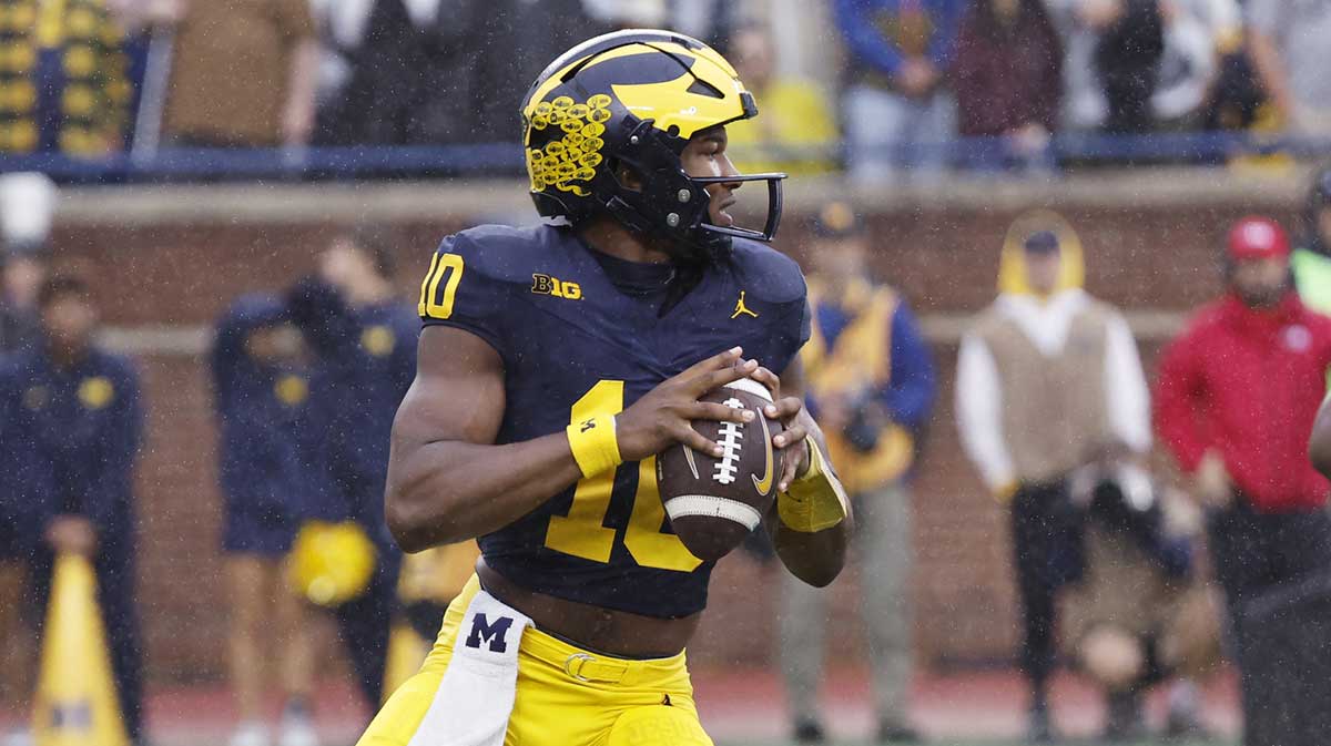 Michigan Wolverines quarterback Alex Orji (10) drops and recovers the ball in the first half against the Minnesota Golden Gophers at Michigan Stadium.