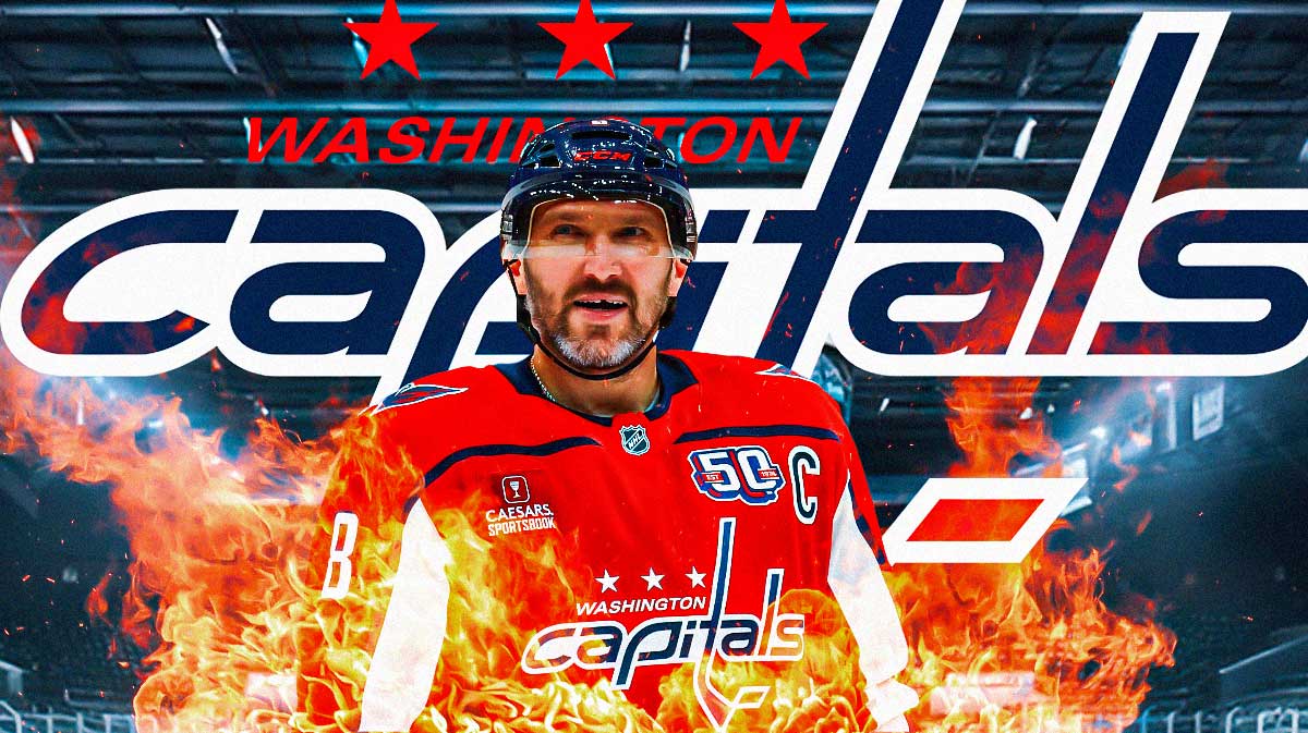 Alex Ovechkin looking happy with fire around him, Washington Capitals logo, hockey rink in background