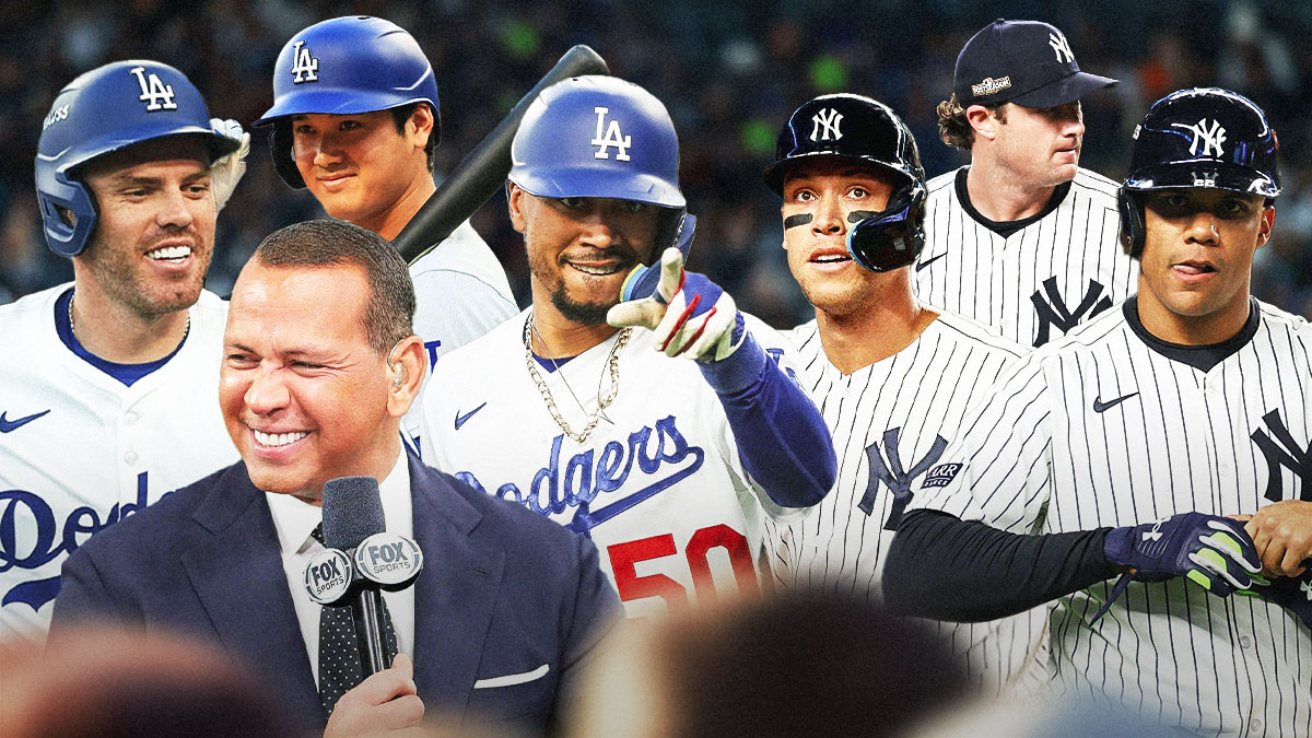 Photo: Alex Rodriguez talking in microphone, behind him, Shohei Ohtani, Mookie Betts, Freddie Freeman in Dodgers jerseys in action on the other side, Aaron Judge, Juan Soto, Gerrit Cole in Yankees jerseys in action
