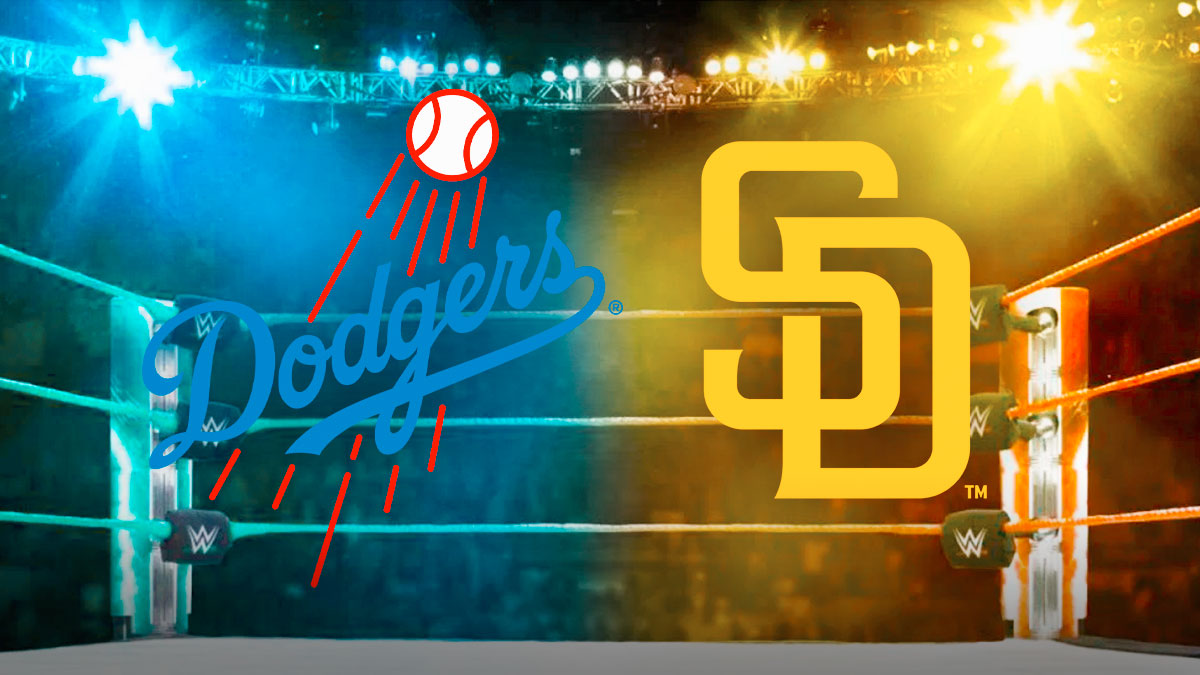 Dodgers and Padres logos in a WWE ring