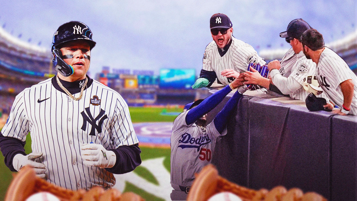 Yankees fans and Alex Verdugo with Mookie Betts holding the ball.