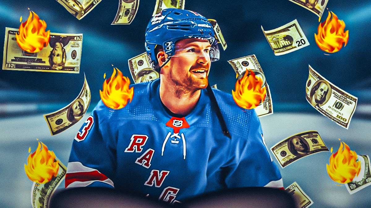 Alexis Lafreniere looking happy with fire around him and money in image, New York Rangers logo, hockey rink in background