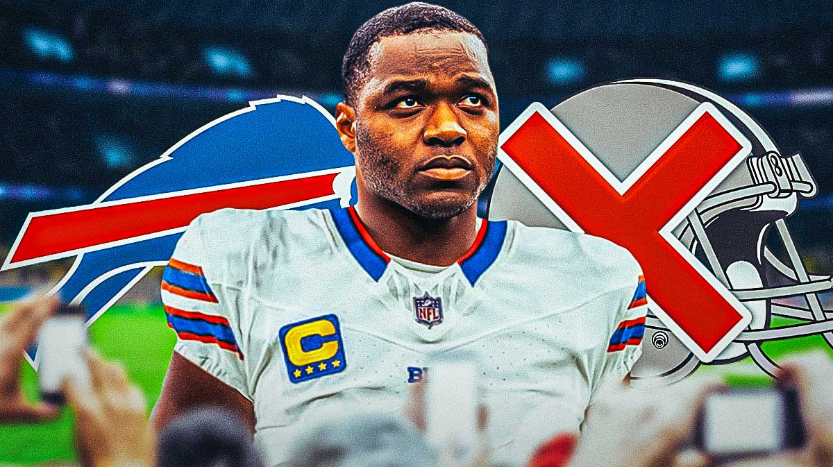 Amari Cooper in a Bills uniform (new team) in between a Bills logo and a greyed out Browns logo with a big red X over it