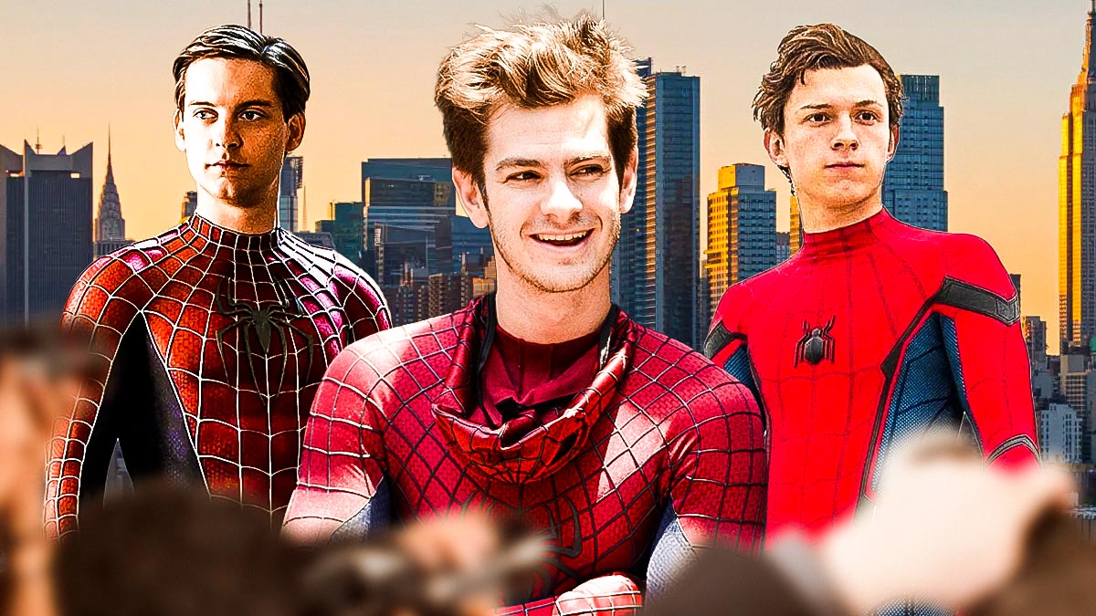 Spider-Man actors Tobey Maguire, Andrew Garfield, Tom Holland with New York City background.