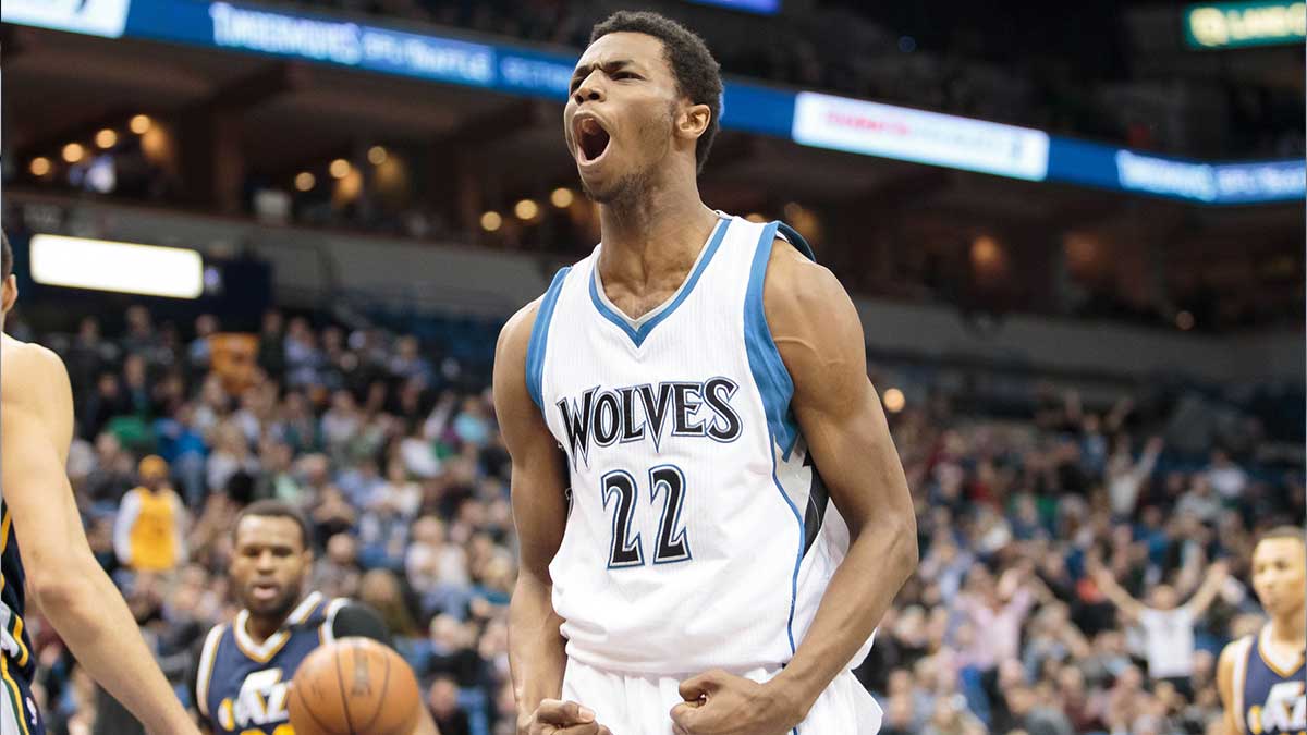 Minnesota Timberwolves guard Andrew Wiggins (22) celebrates his dunk in the second quarter against the Utah Jazz at Target Center.